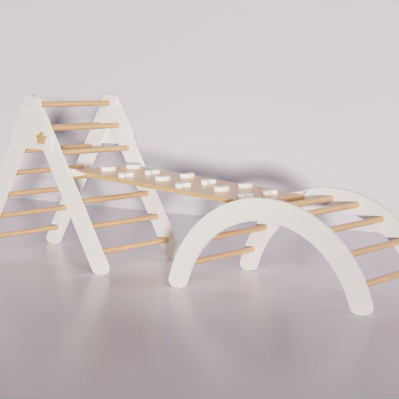 Set Cățărare 3 în 1 din Lemn – Triunghi Pikler, Rampă și Arc de Escaladare